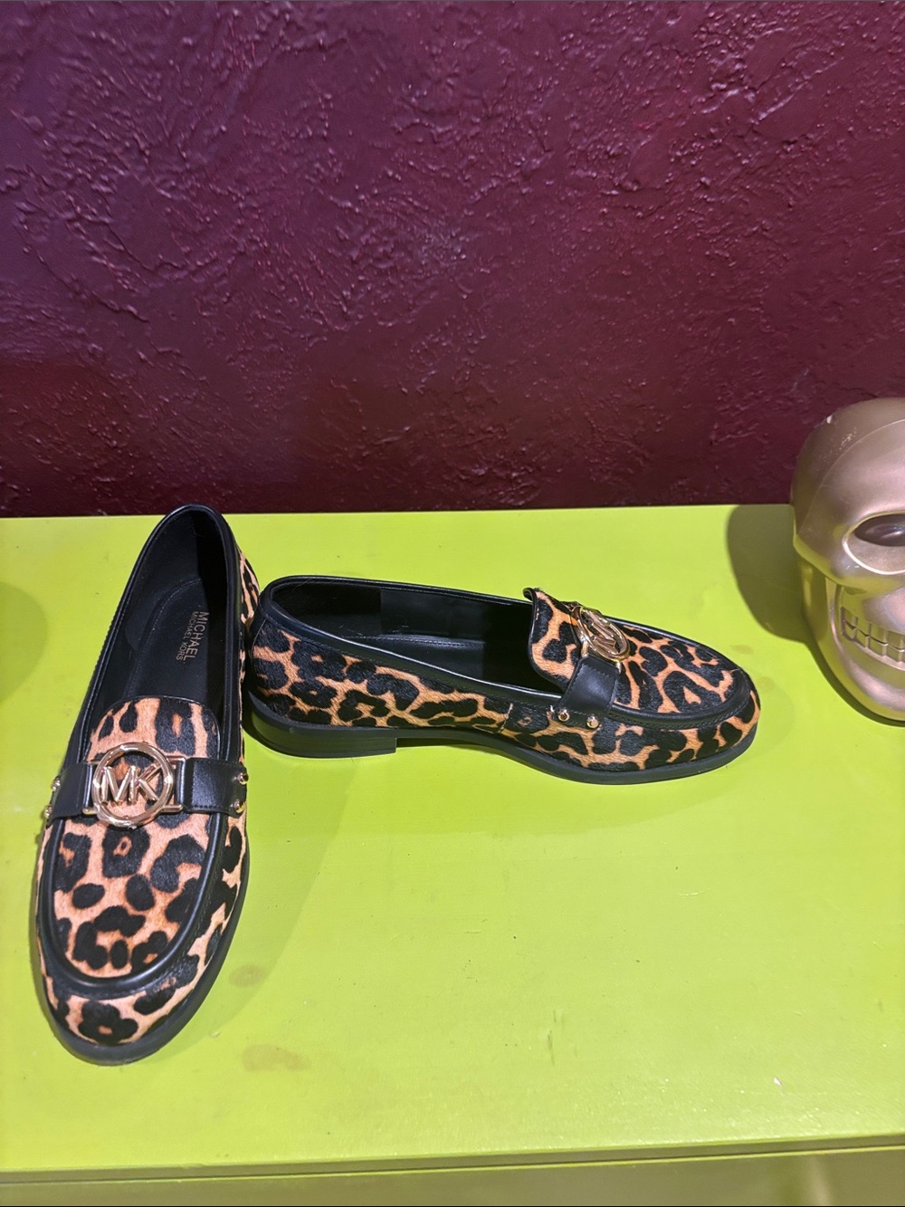 Michael Kors Leopard Print Loafers with Gold MK Accent - Black/Brown